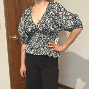 Old Navy Floral Smocked Peplum Blouse in Navy and White